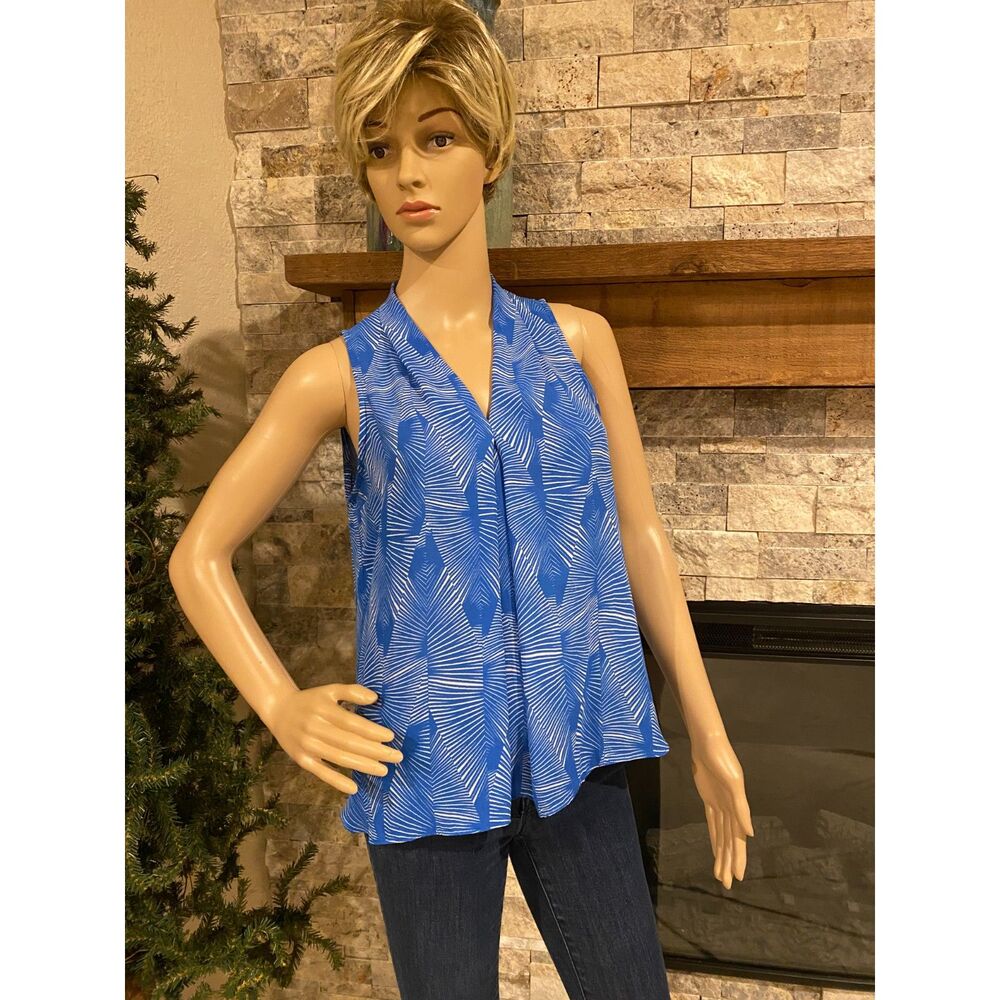VINCE CAMUTO Blue & White Geographic Print Polyester Sleeveless Blouse Tunic PS